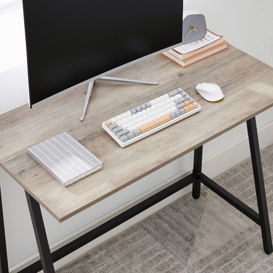 Computer Desk – Steel Frame – Greige and Black – Rustic Top, Easy Assembly