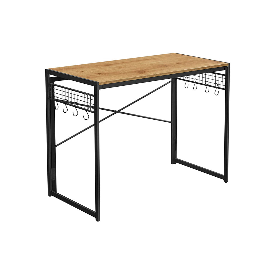 Folding Computer Desk – Wood – Honey Brown and Black – Industrial Design with 8 Hooks