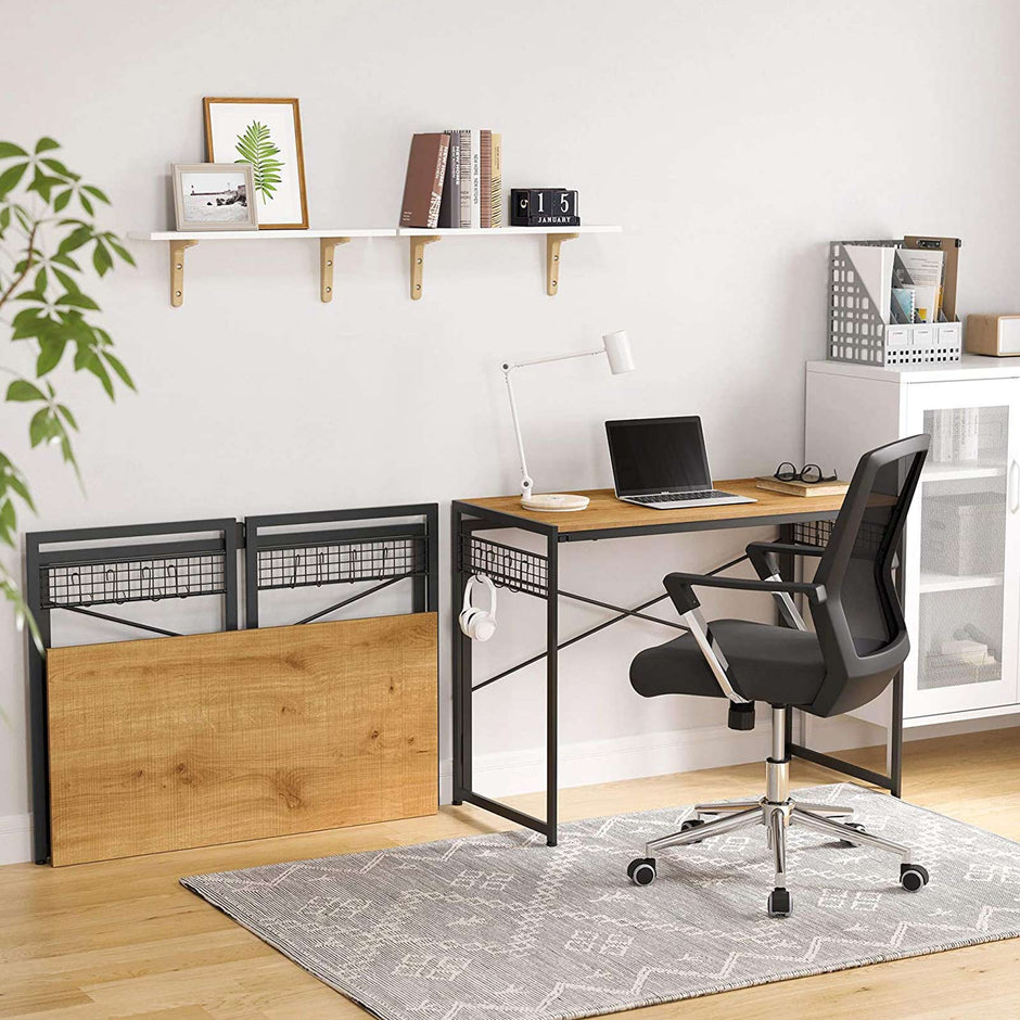 Folding Computer Desk – Wood – Honey Brown and Black – Industrial Design with 8 Hooks