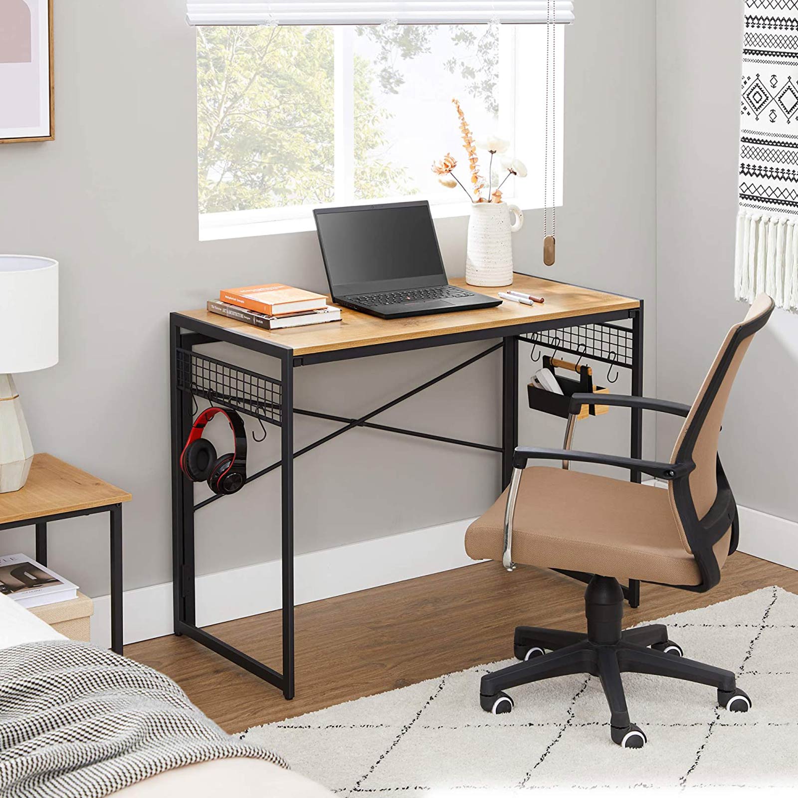 Folding Computer Desk – Wood – Honey Brown and Black – Industrial Design with 8 Hooks
