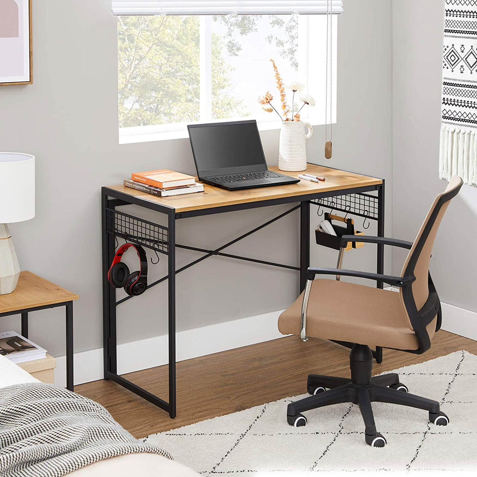 Folding Computer Desk – Wood – Honey Brown and Black – Industrial Design with 8 Hooks