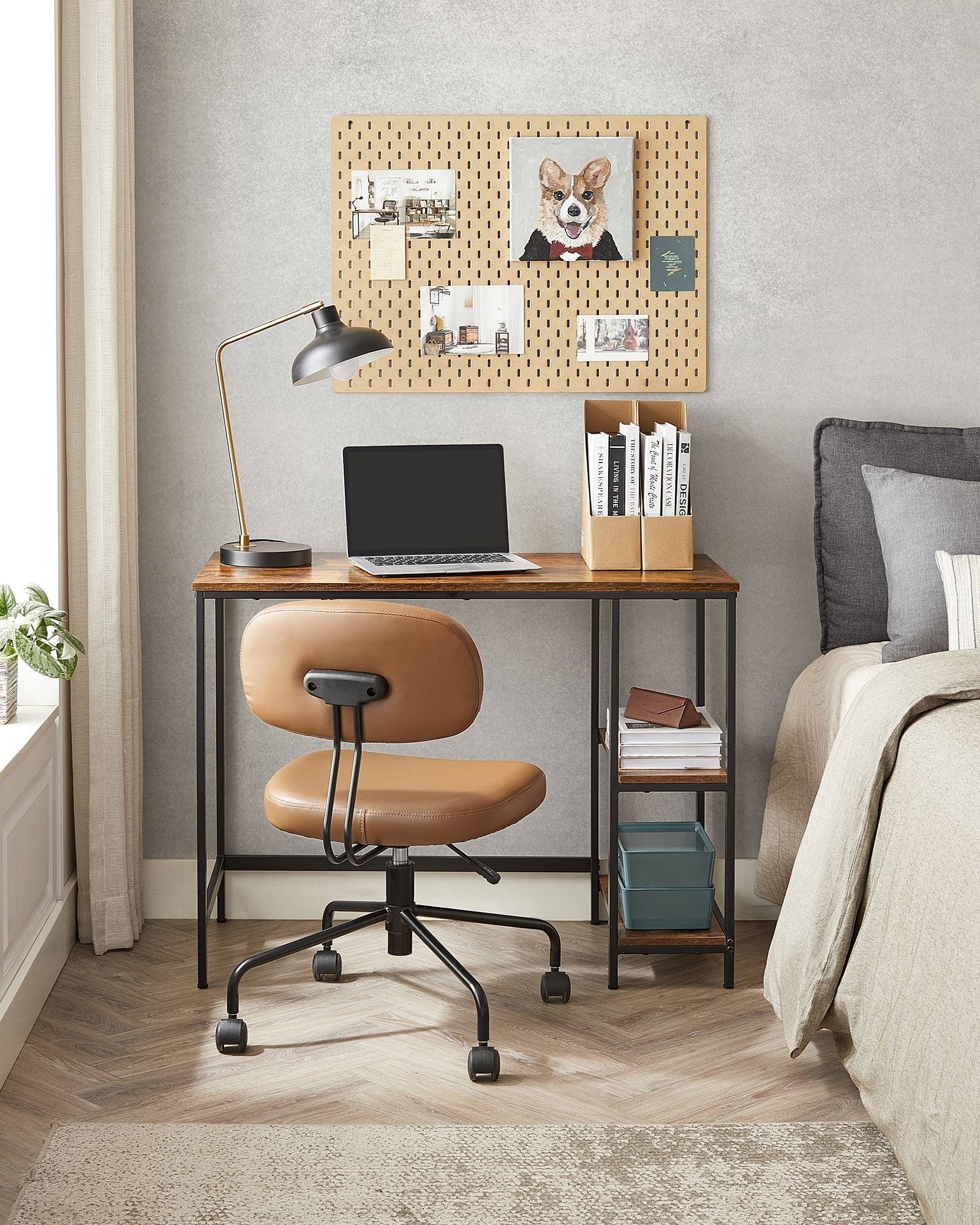 Computer Desk – Steel – Rustic Brown and Ink Black – With 2 Shelves