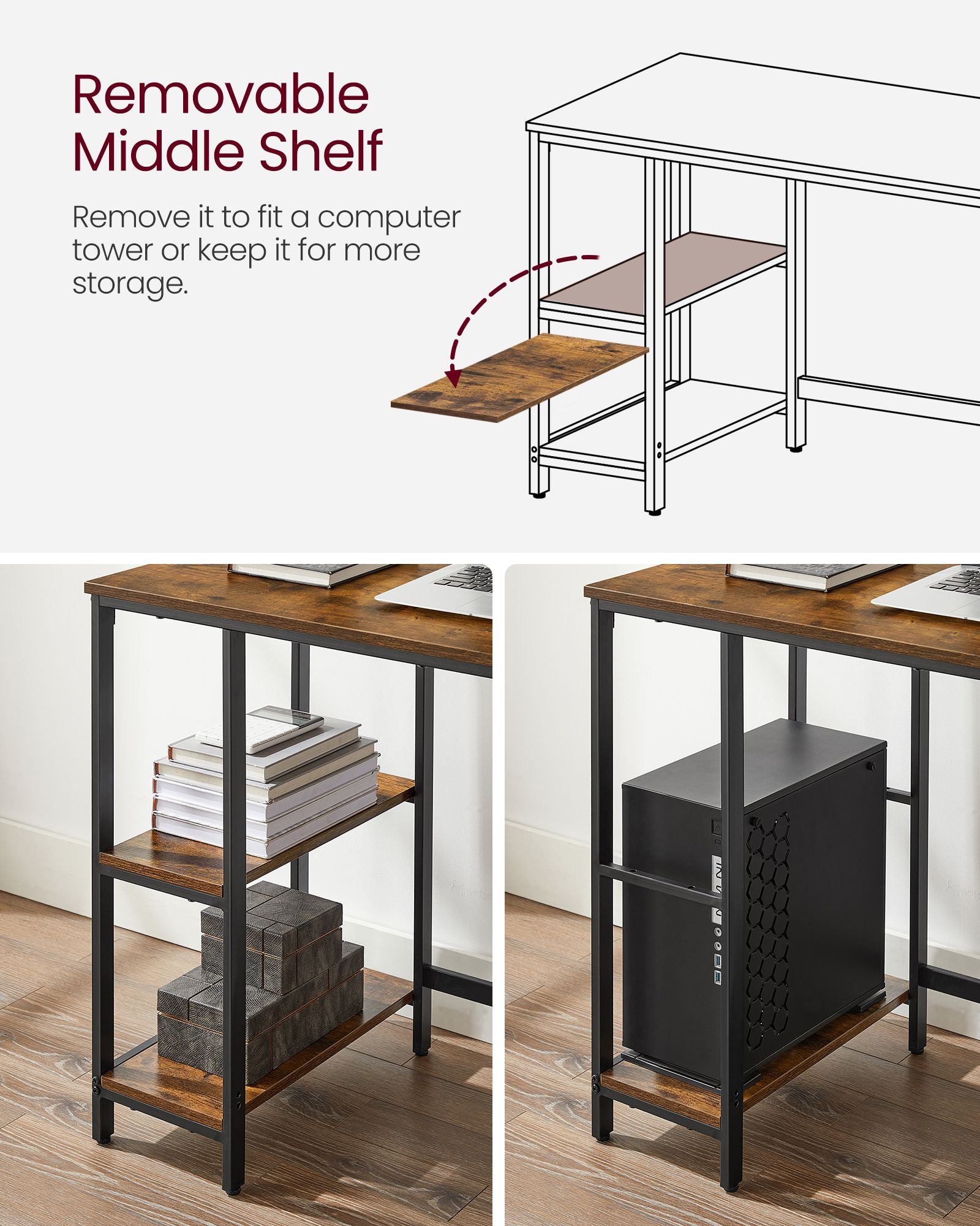 Computer Desk – Steel – Rustic Brown and Ink Black – With 2 Shelves