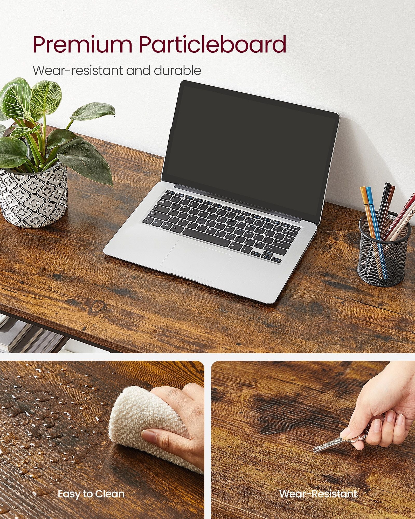 Computer Desk – Steel – Rustic Brown and Ink Black – With 2 Shelves