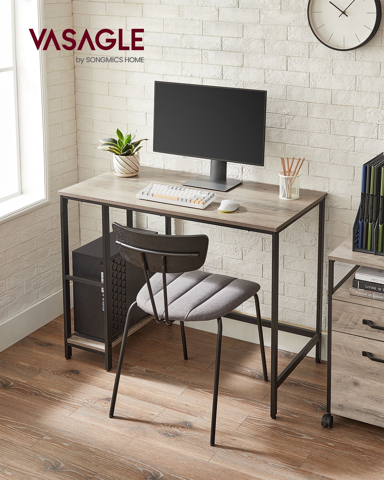Computer Desk – Steel – Ebony Black – Modern Design with 2 Shelves