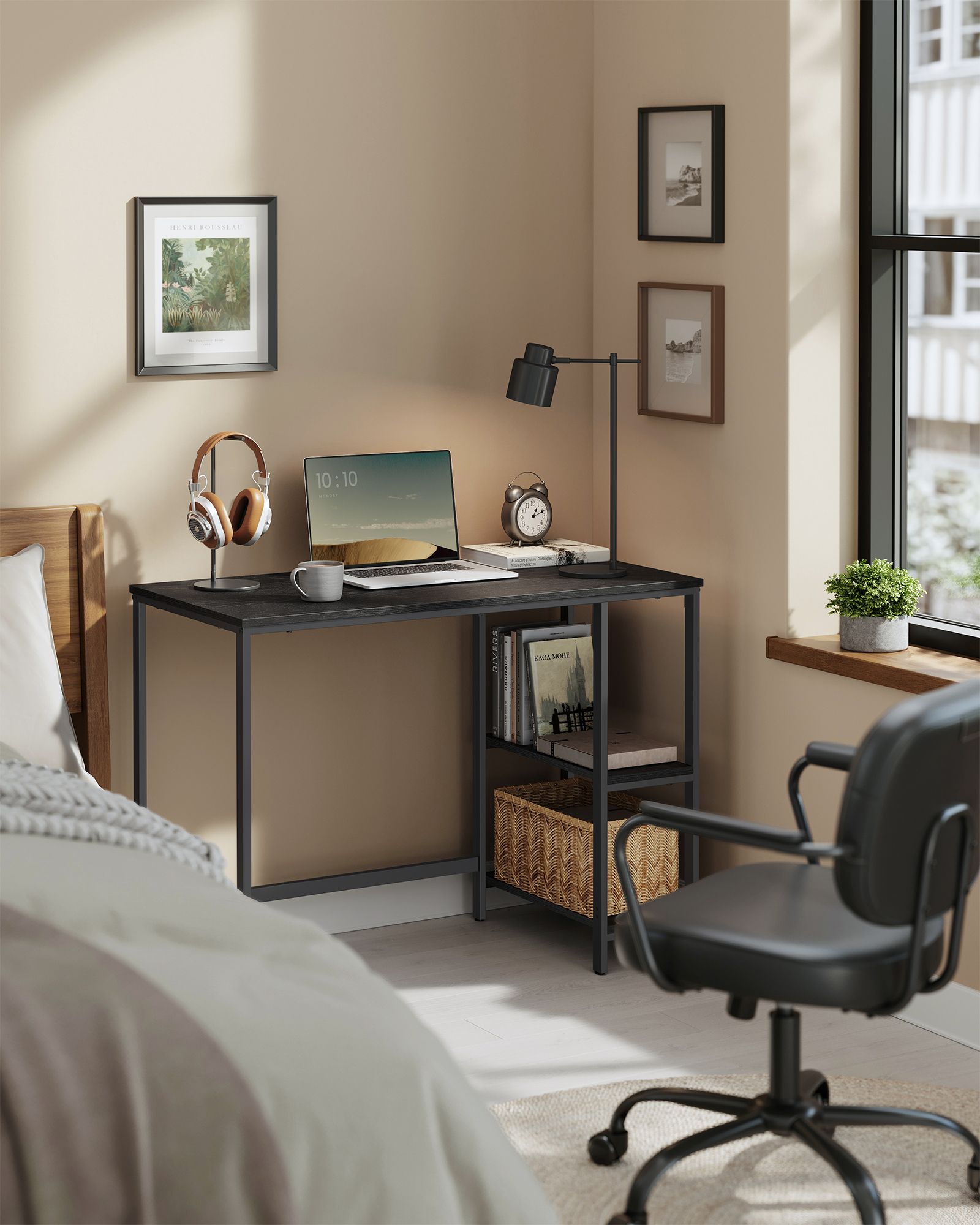 Computer Desk – Steel – Ebony Black – Modern Design with 2 Shelves