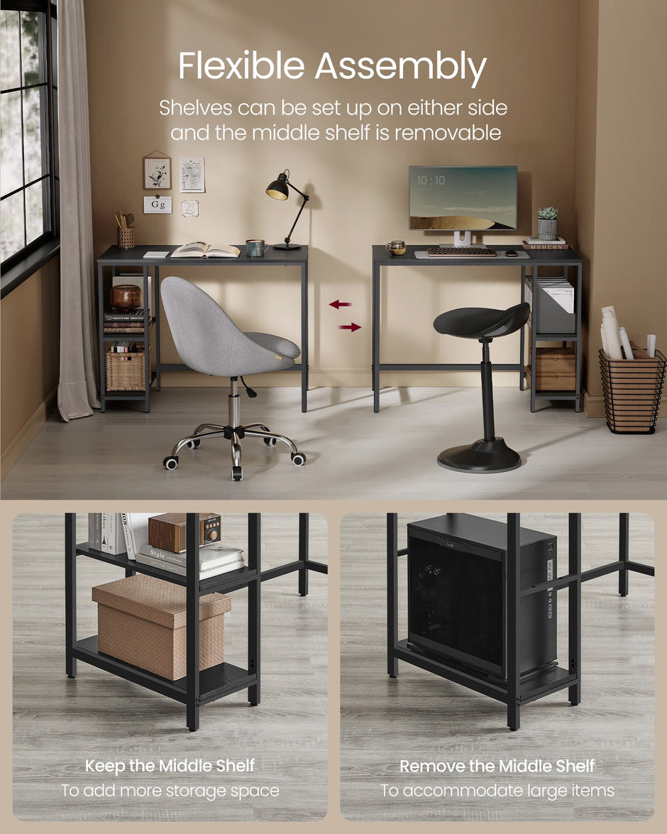 Computer Desk – Steel – Ebony Black – Modern Design with 2 Shelves