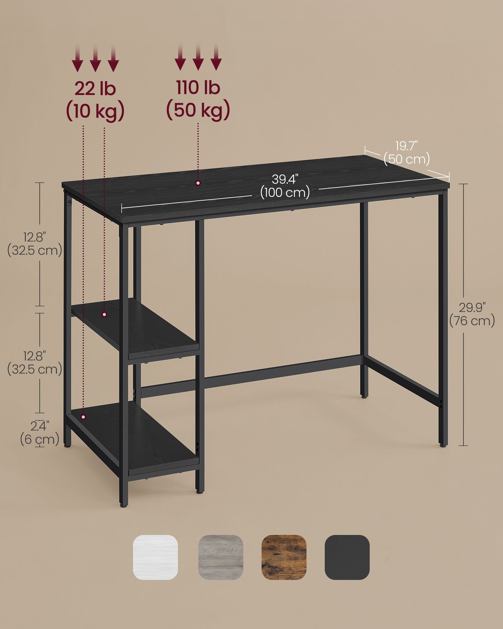 Computer Desk – Steel – Ebony Black – Modern Design with 2 Shelves