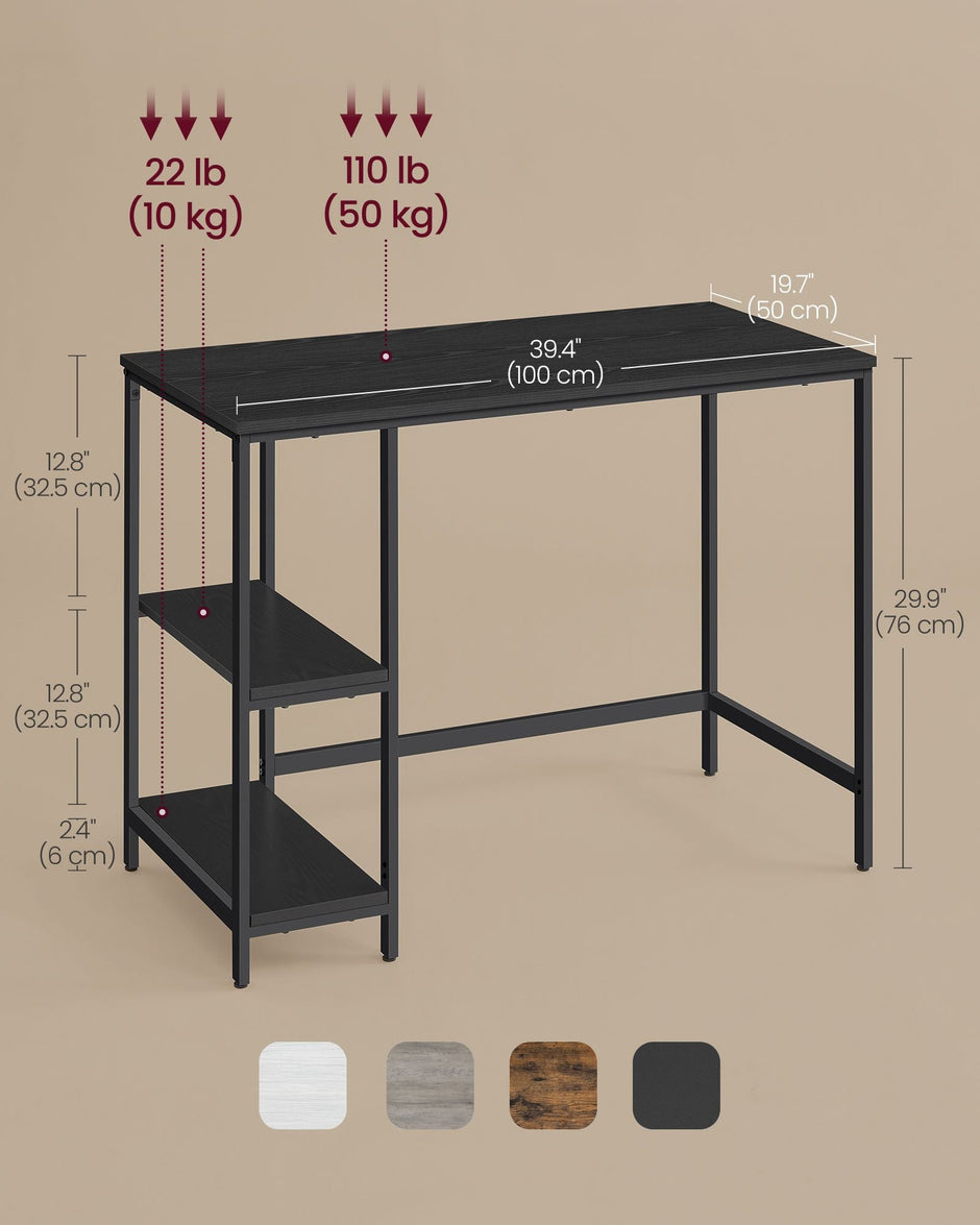 Computer Desk – Steel – Ebony Black – Modern Design with 2 Shelves