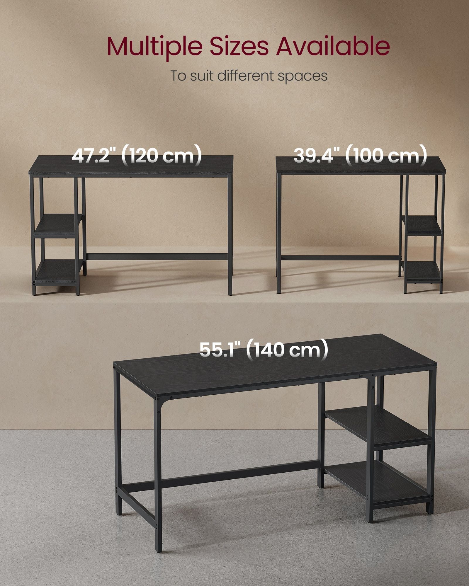 Computer Desk – Steel – Ebony Black – Modern Design with 2 Shelves