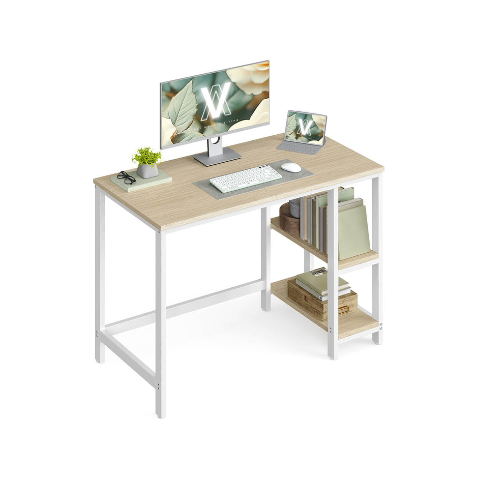 Computer Desk – Steel – Natural Beige and Pearl White – Includes 2 Shelves