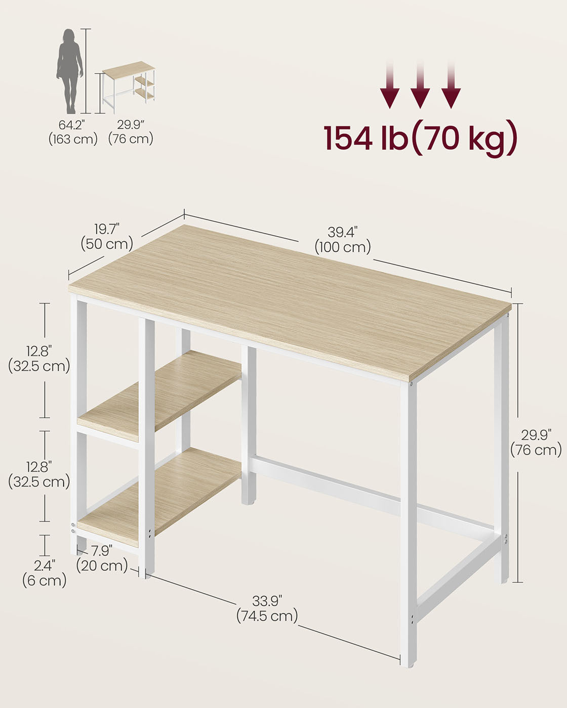 Computer Desk – Steel – Natural Beige and Pearl White – Includes 2 Shelves
