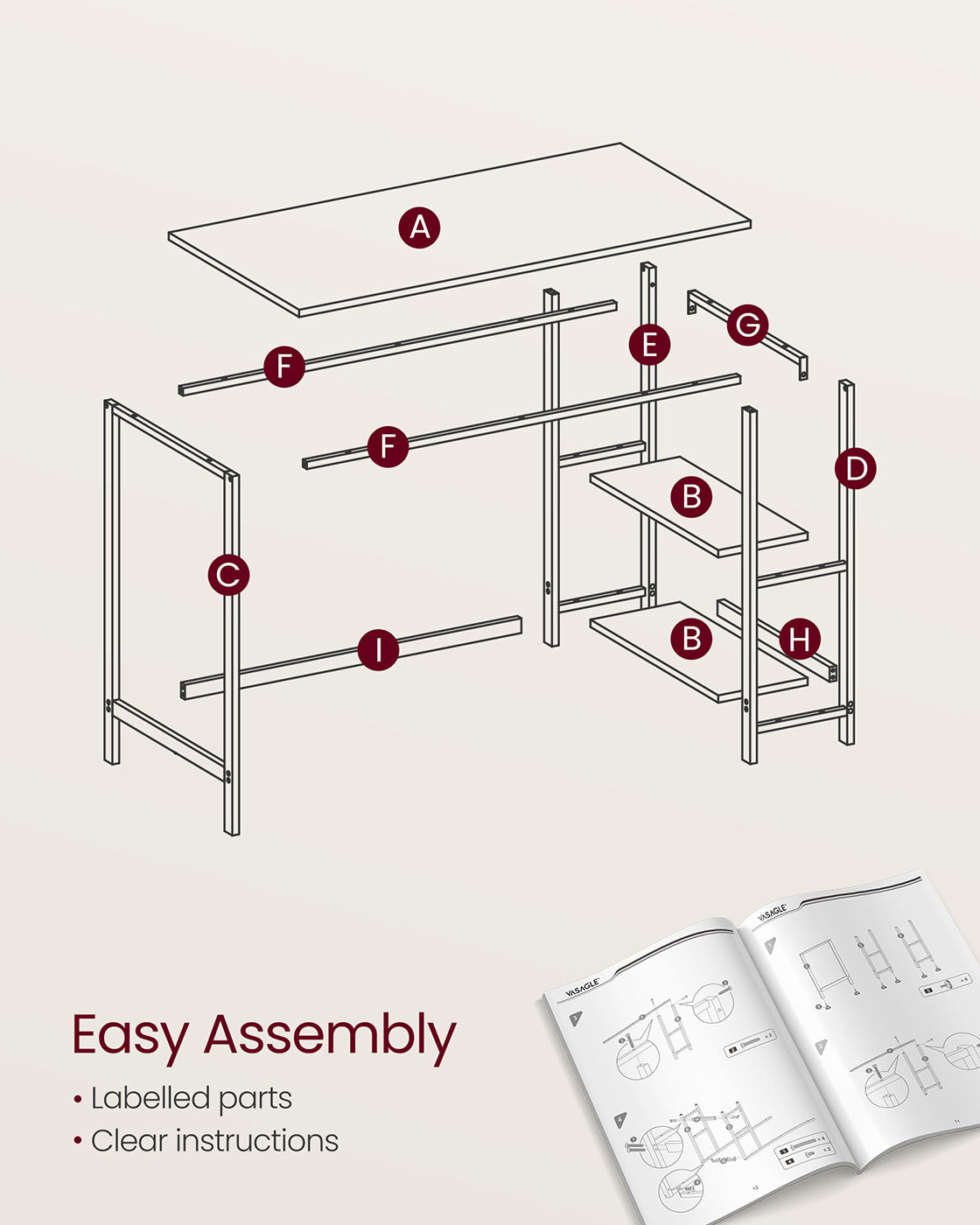 Computer Desk – Steel – Natural Beige and Pearl White – Includes 2 Shelves