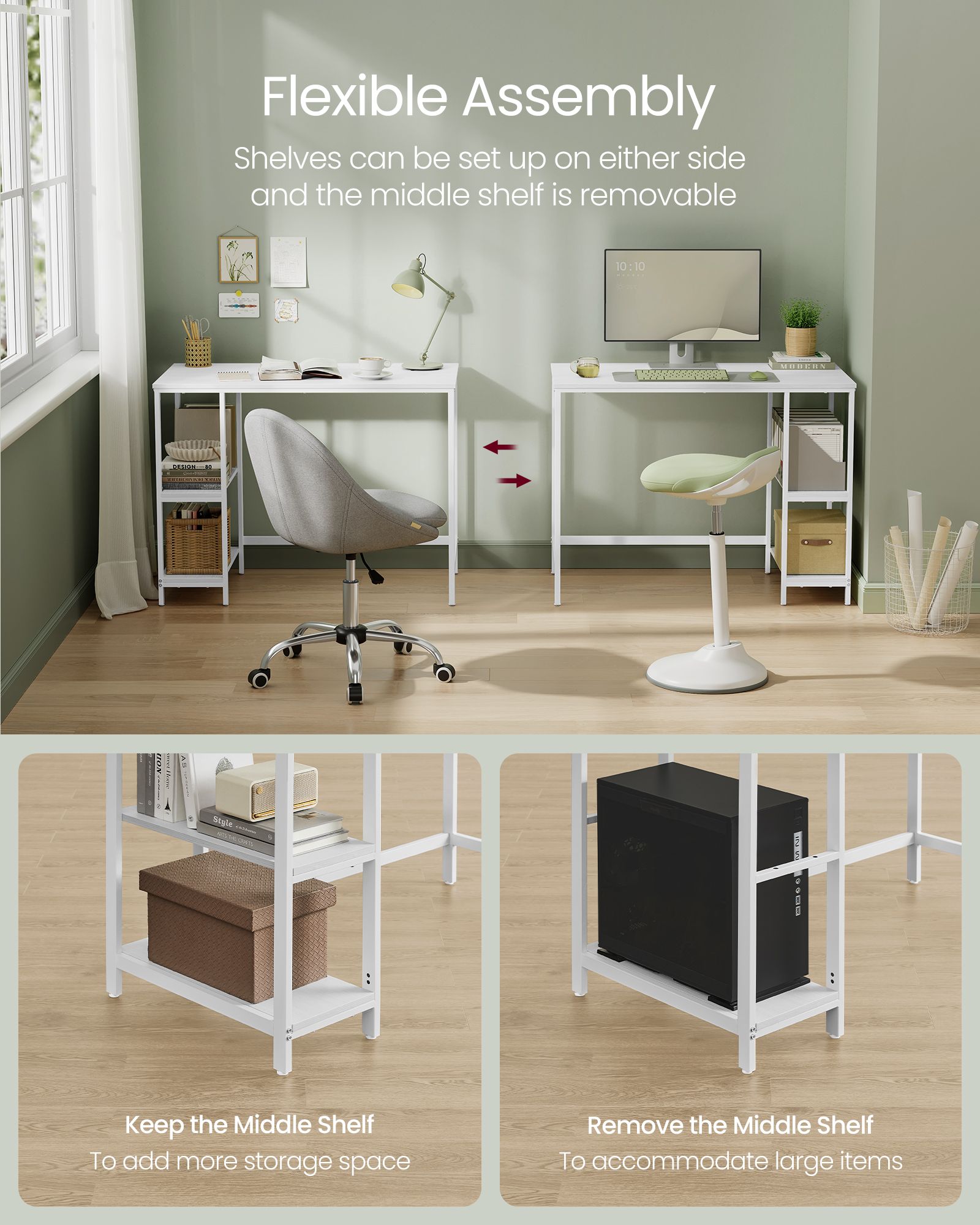 Computer Desk – Steel and Wood – Maple White – 100 cm Wide with Adjustable Shelves