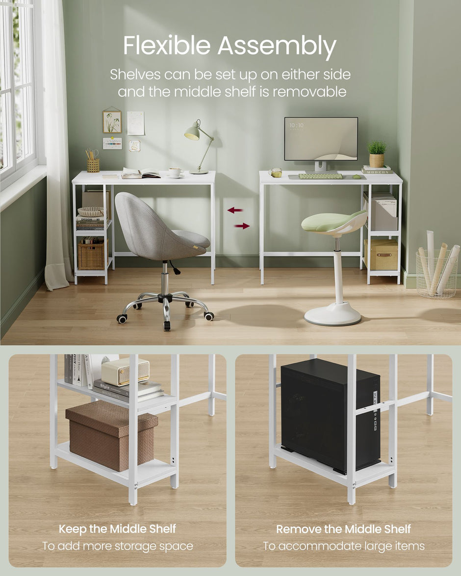 Computer Desk – Steel and Wood – Maple White – 100 cm Wide with Adjustable Shelves