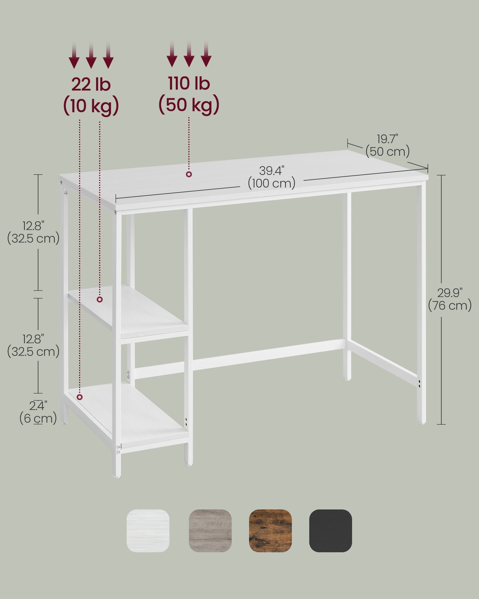 Computer Desk – Steel and Wood – Maple White – 100 cm Wide with Adjustable Shelves