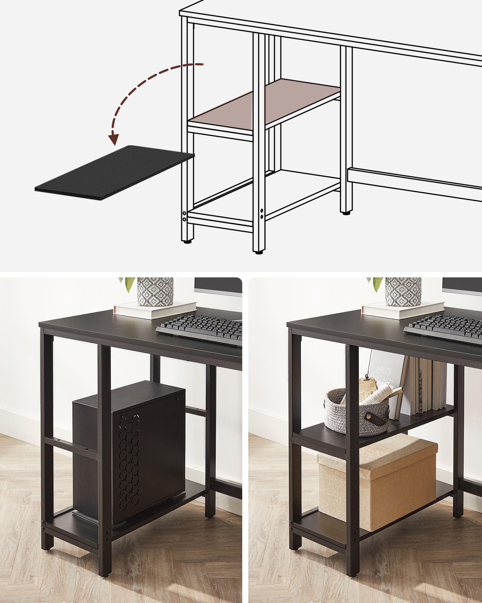 Writing Desk – Metal and Wood – Rustic Brown – Versatile Shelving Option