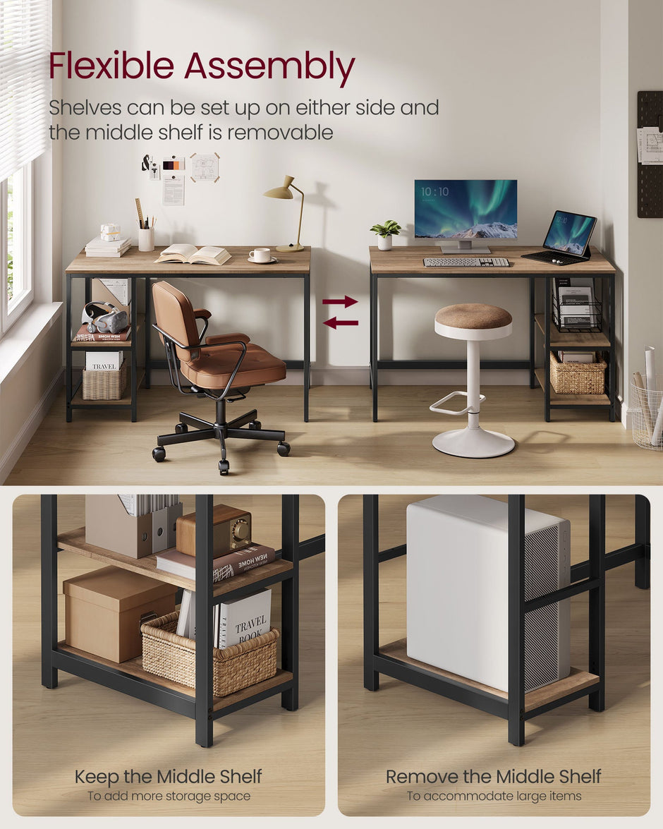 Writing Desk – Metal and Wood – Camel Brown and Ink Black – Adjustable Shelves