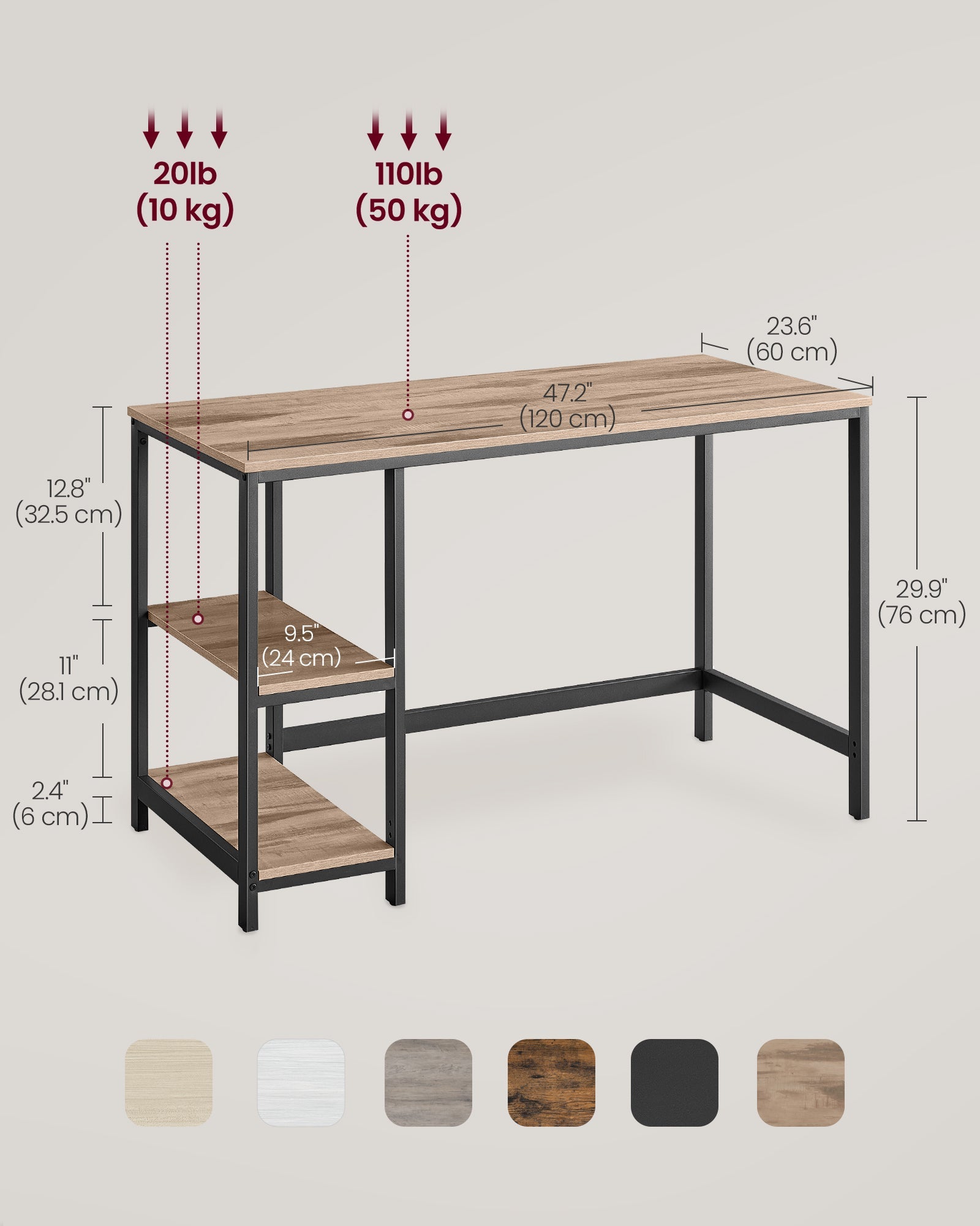 Writing Desk – Metal and Wood – Camel Brown and Ink Black – Adjustable Shelves