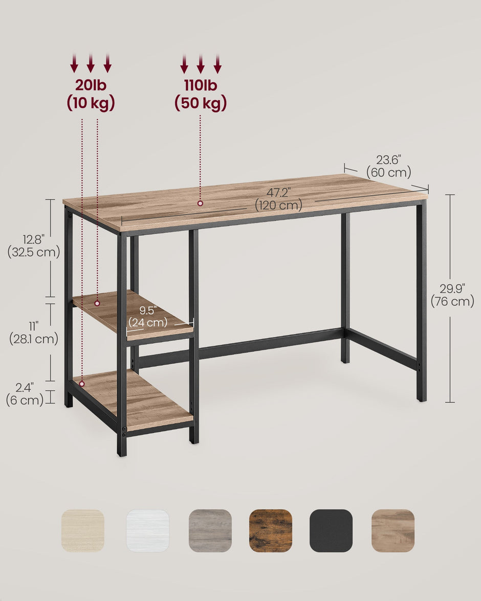 Writing Desk – Metal and Wood – Camel Brown and Ink Black – Adjustable Shelves
