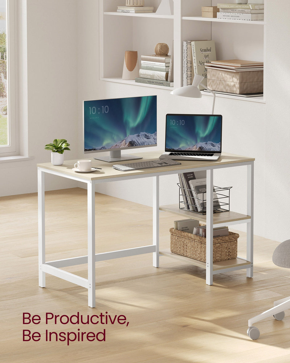 Writing Desk – Metal and Wood – Natural Beige and Pearl White – Adjustable Shelves