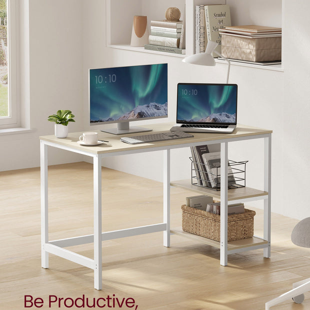 Writing Desk – Metal and Wood – Natural Beige and Pearl White – Adjustable Shelves