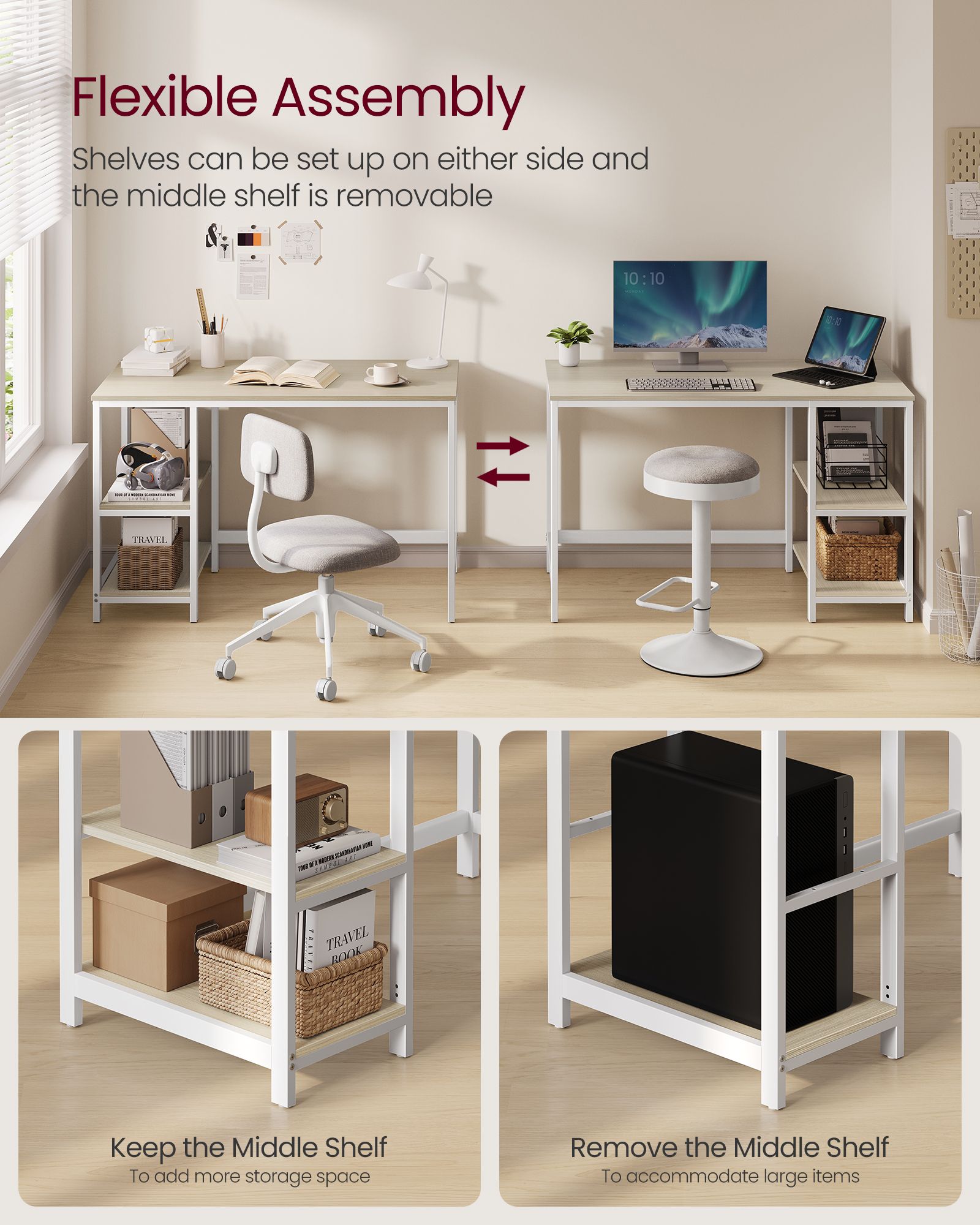 Writing Desk – Metal and Wood – Natural Beige and Pearl White – Adjustable Shelves