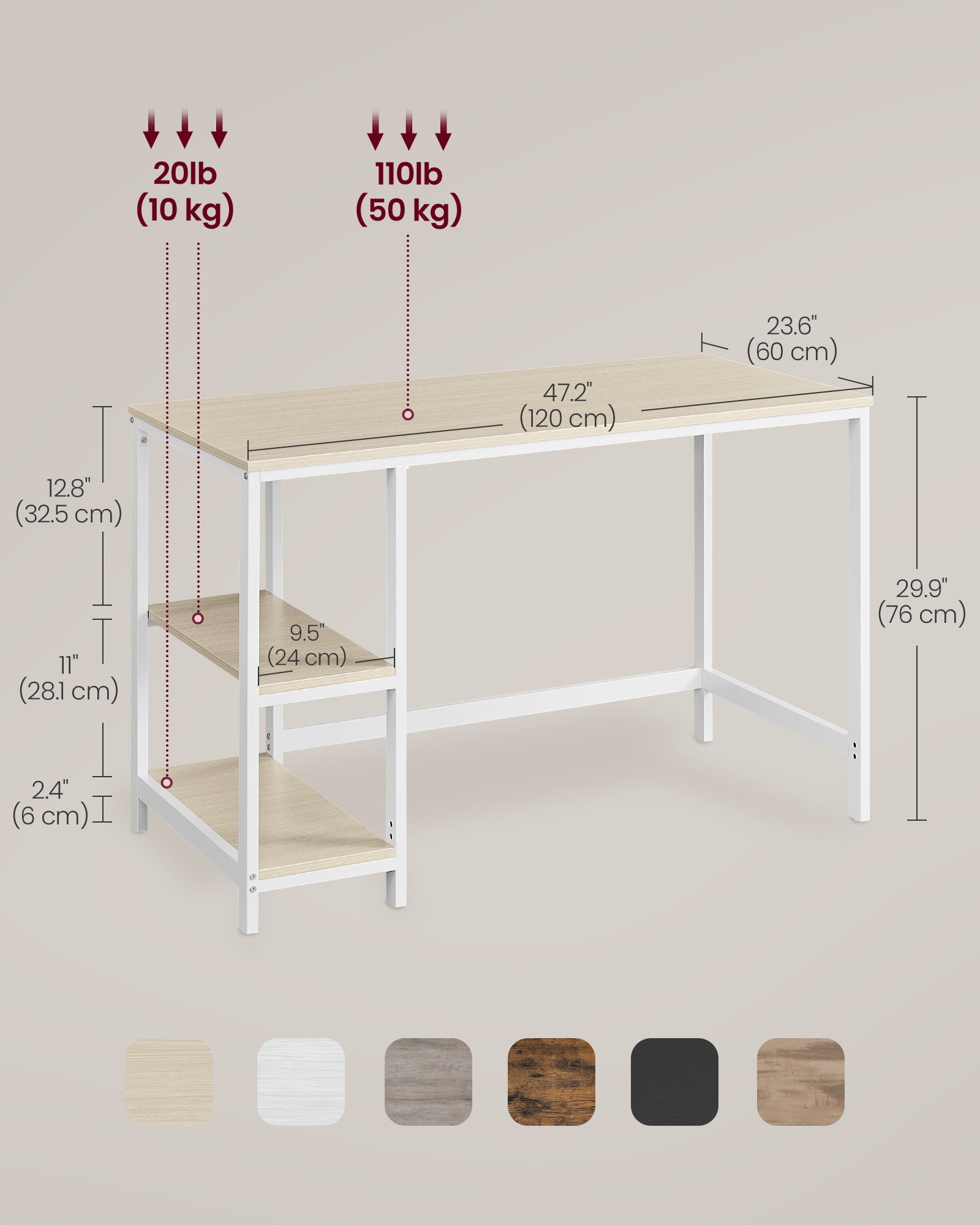 Writing Desk – Metal and Wood – Natural Beige and Pearl White – Adjustable Shelves