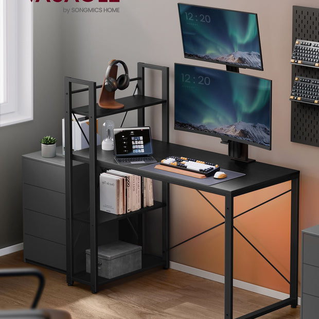 Computer Desk – Wood and Metal – Rustic Brown and Black – 120 cm with Storage Shelves