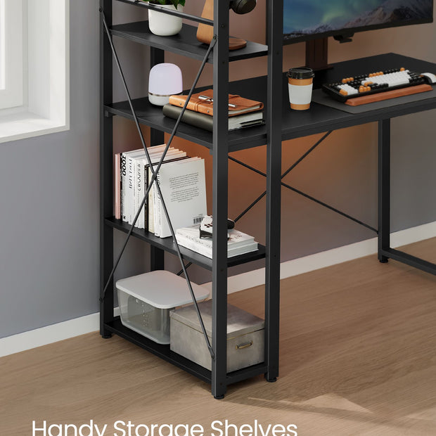Writing Desk – Wood and Metal – Rustic Brown and Black – Adjustable Storage Shelves