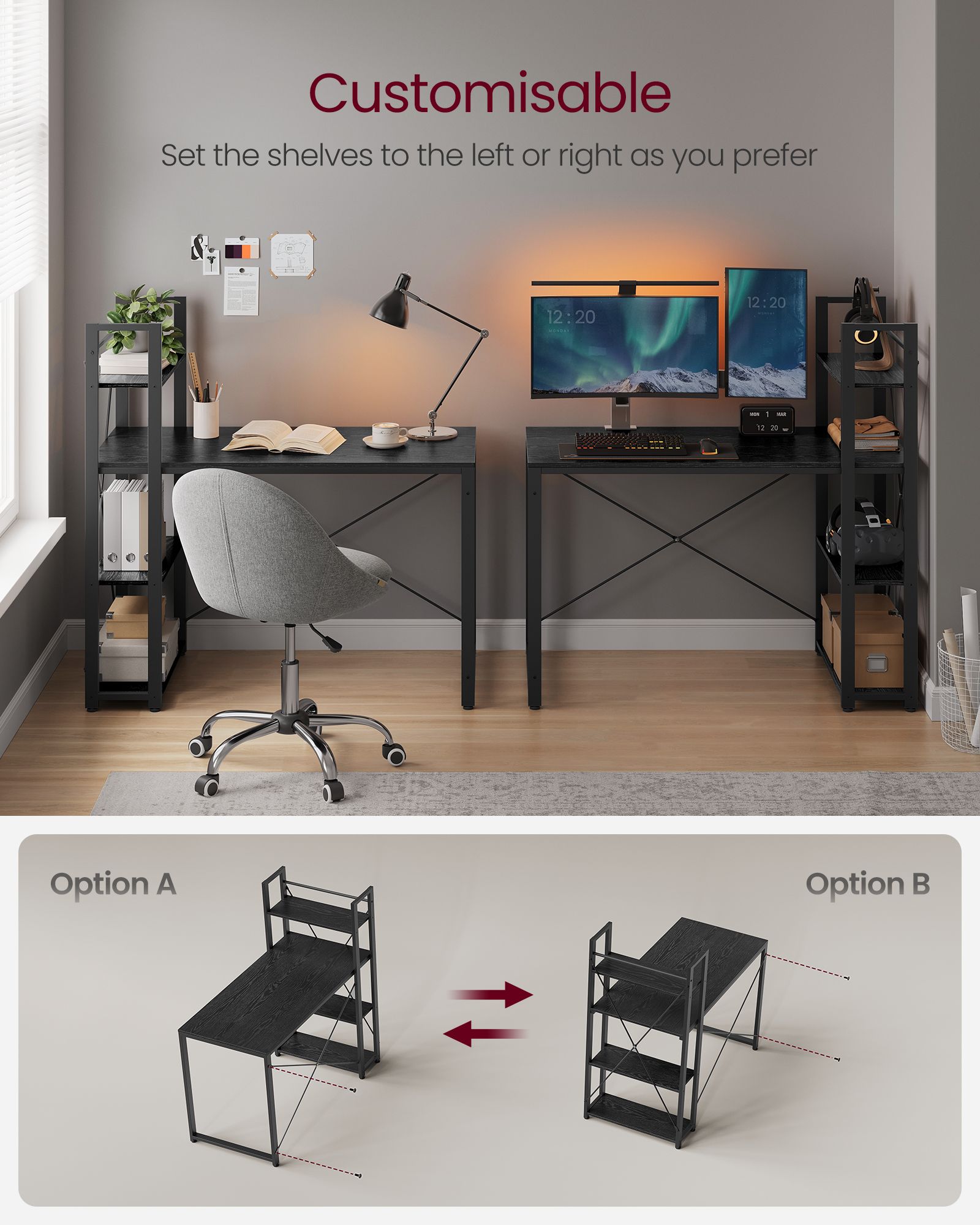 Writing Desk – Wood and Metal – Rustic Brown and Black – Adjustable Storage Shelves
