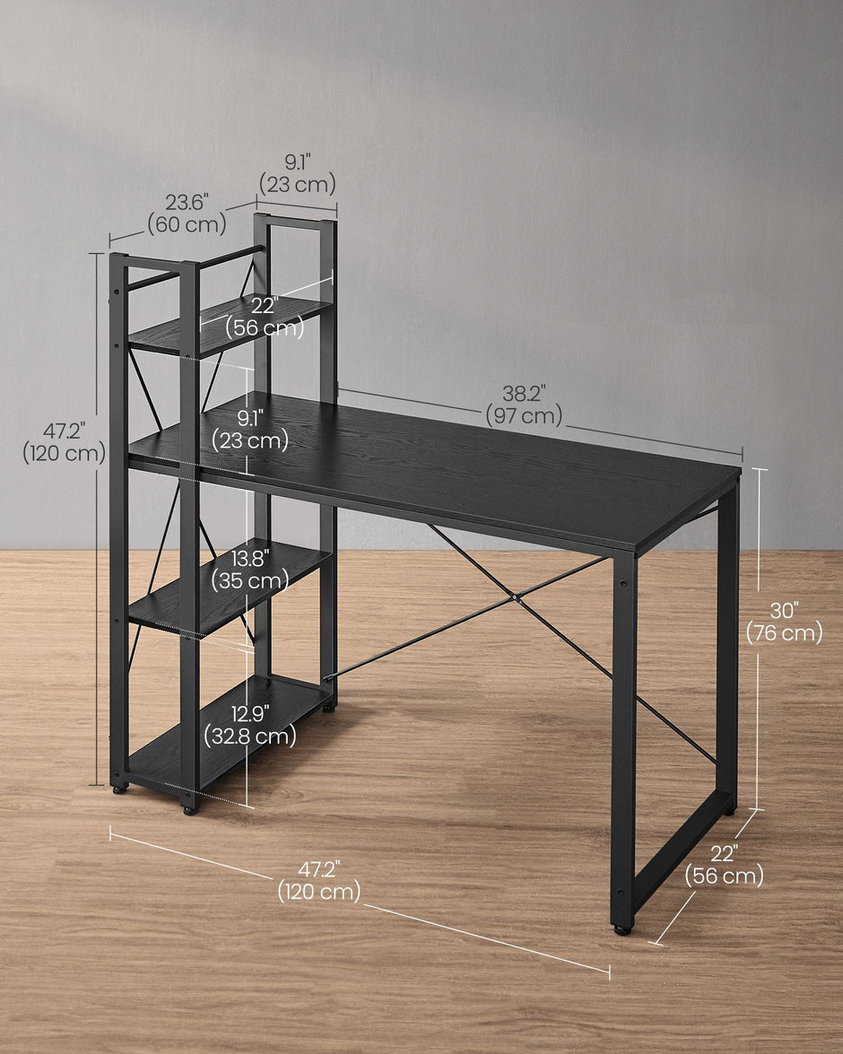 Writing Desk – Wood and Metal – Rustic Brown and Black – Adjustable Storage Shelves