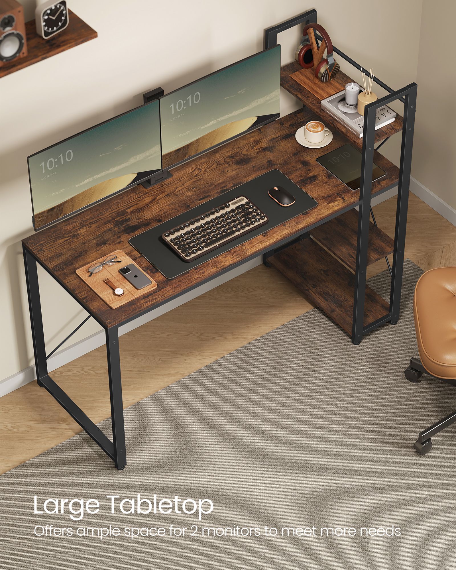 Computer Desk – Wood – Rustic Brown and Ink Black – Storage Shelves, Stable Design, Easy Assembly