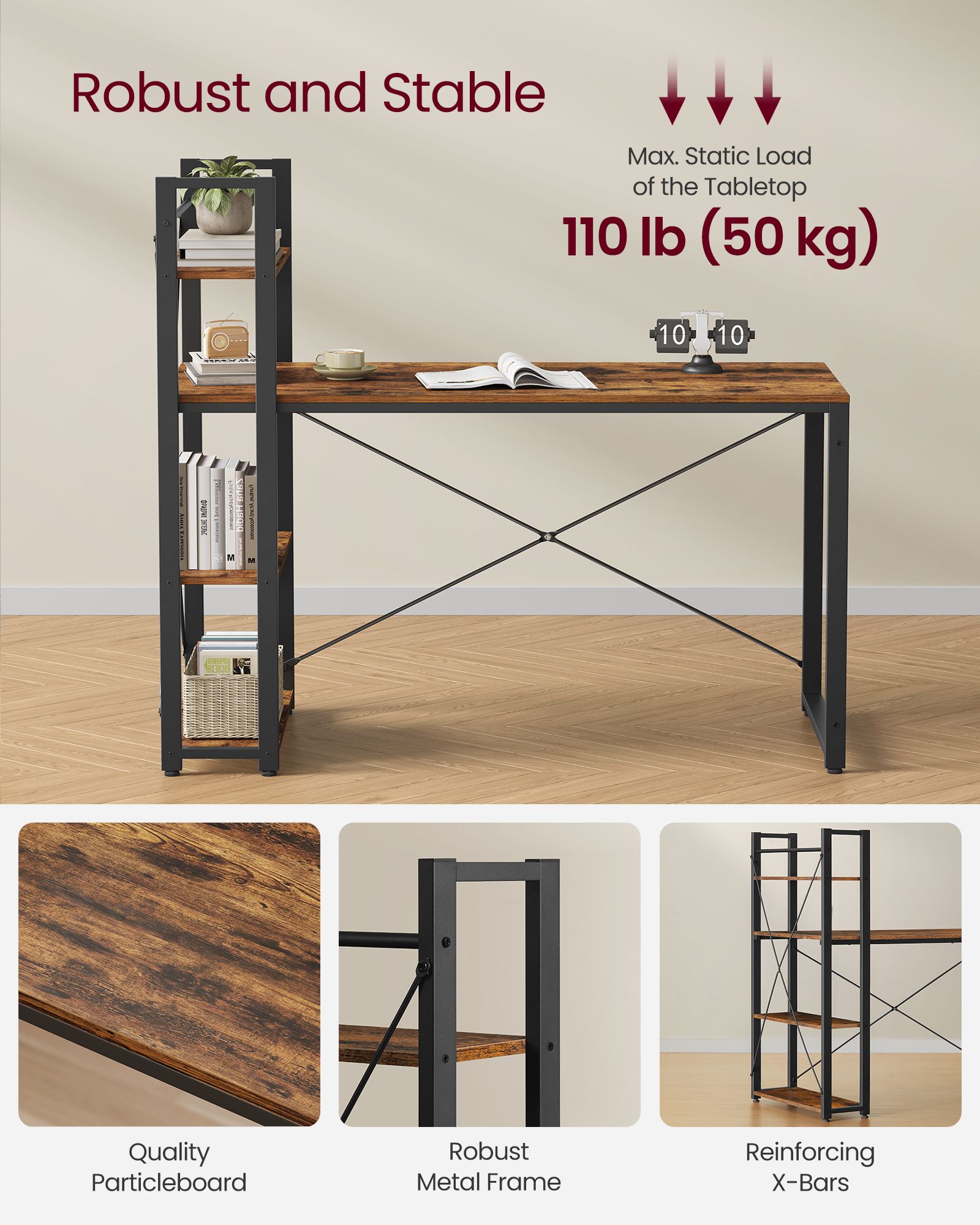 Computer Desk – Wood – Rustic Brown and Ink Black – Storage Shelves, Stable Design, Easy Assembly