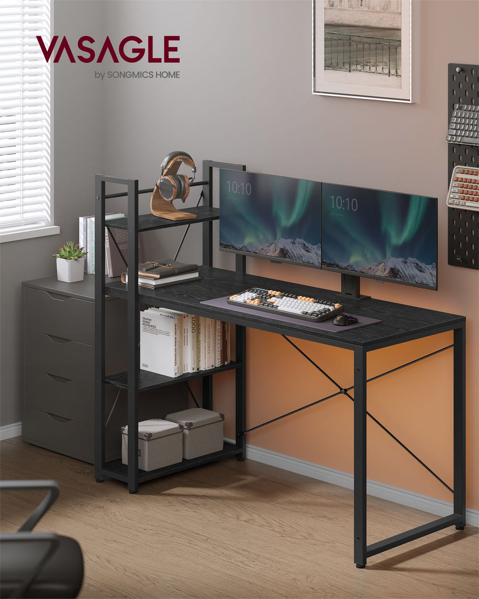 Computer Desk – Wood – Ebony Black – Stable Design with Storage Shelves