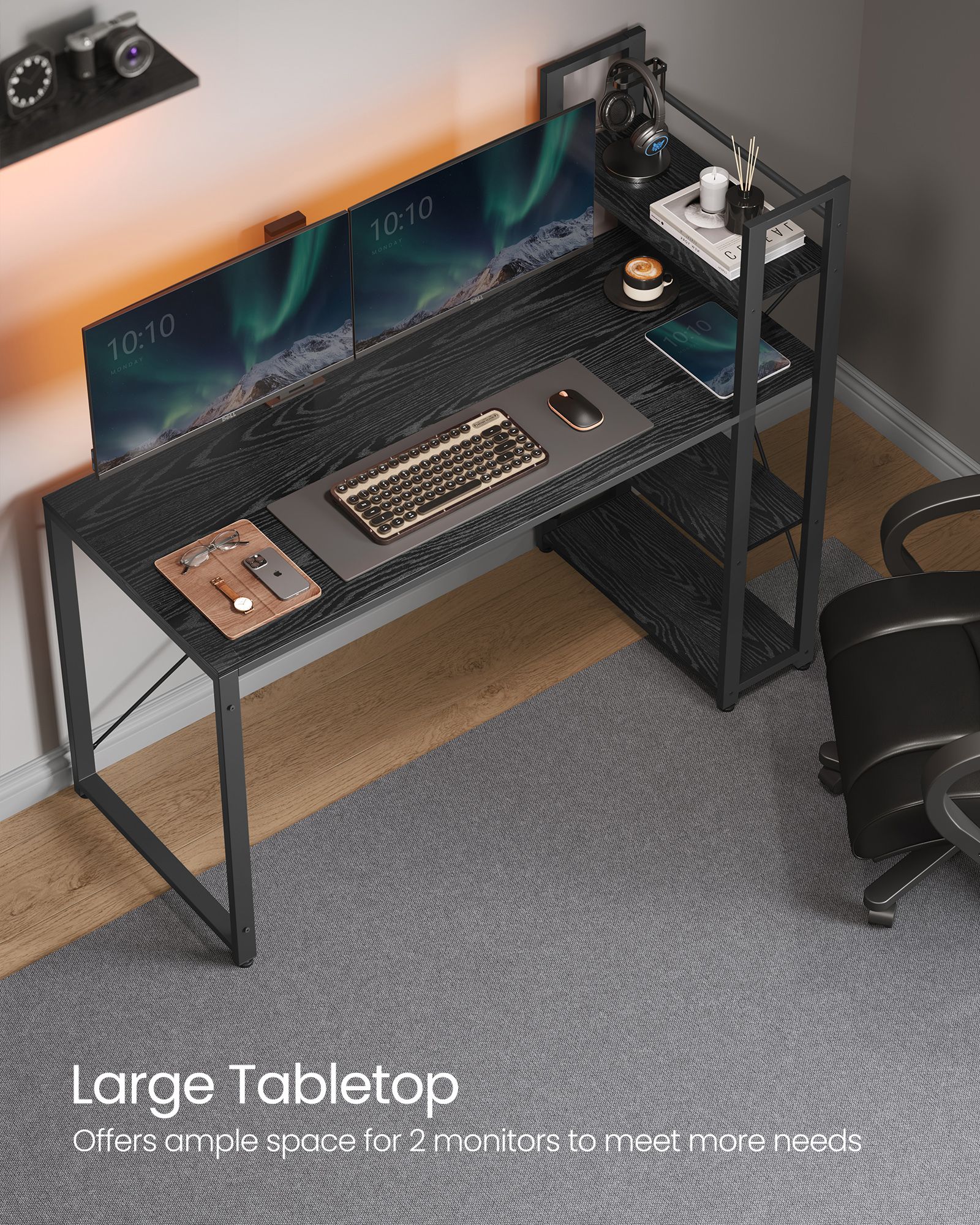 Computer Desk – Wood – Ebony Black – Stable Design with Storage Shelves