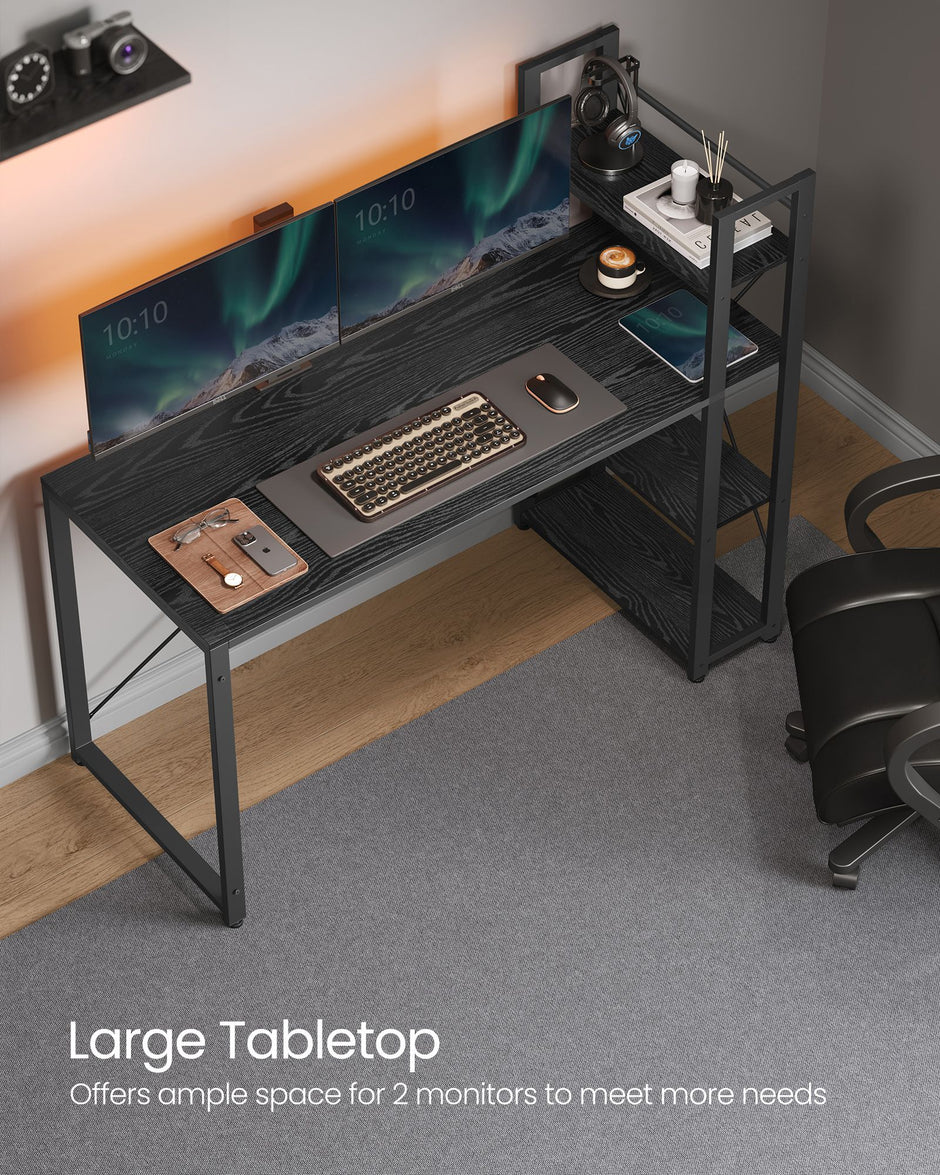 Computer Desk – Wood – Ebony Black – Stable Design with Storage Shelves