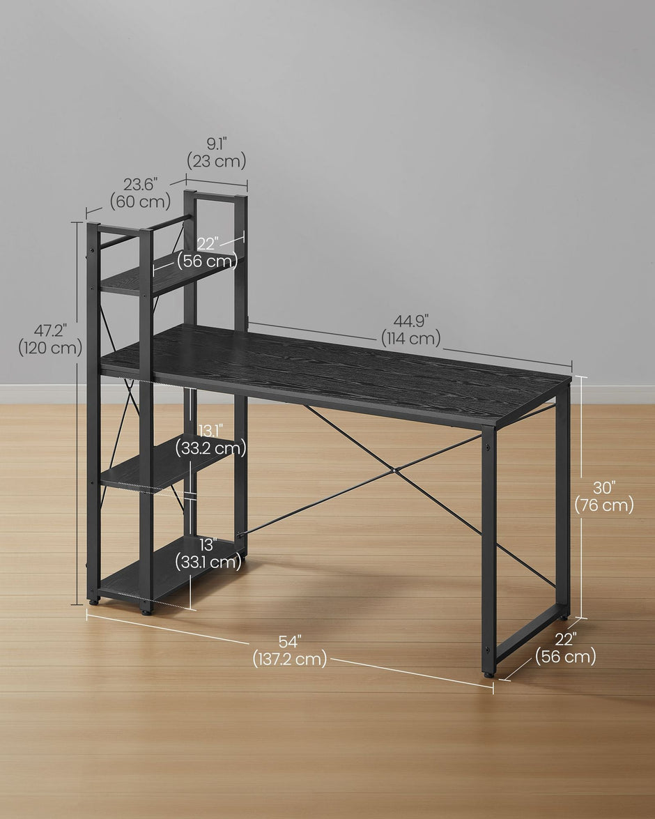 Computer Desk – Wood – Ebony Black – Stable Design with Storage Shelves