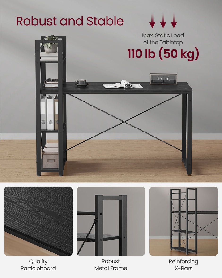 Computer Desk – Wood – Ebony Black – Stable Design with Storage Shelves