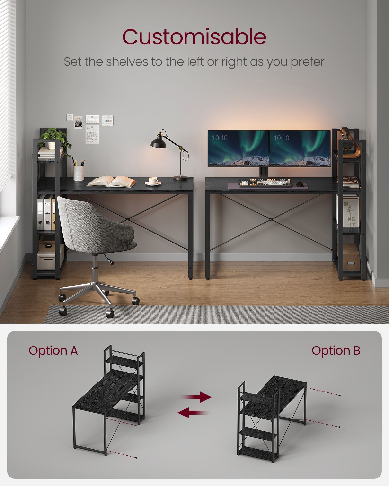 Computer Desk – Wood – Ebony Black – Stable Design with Storage Shelves