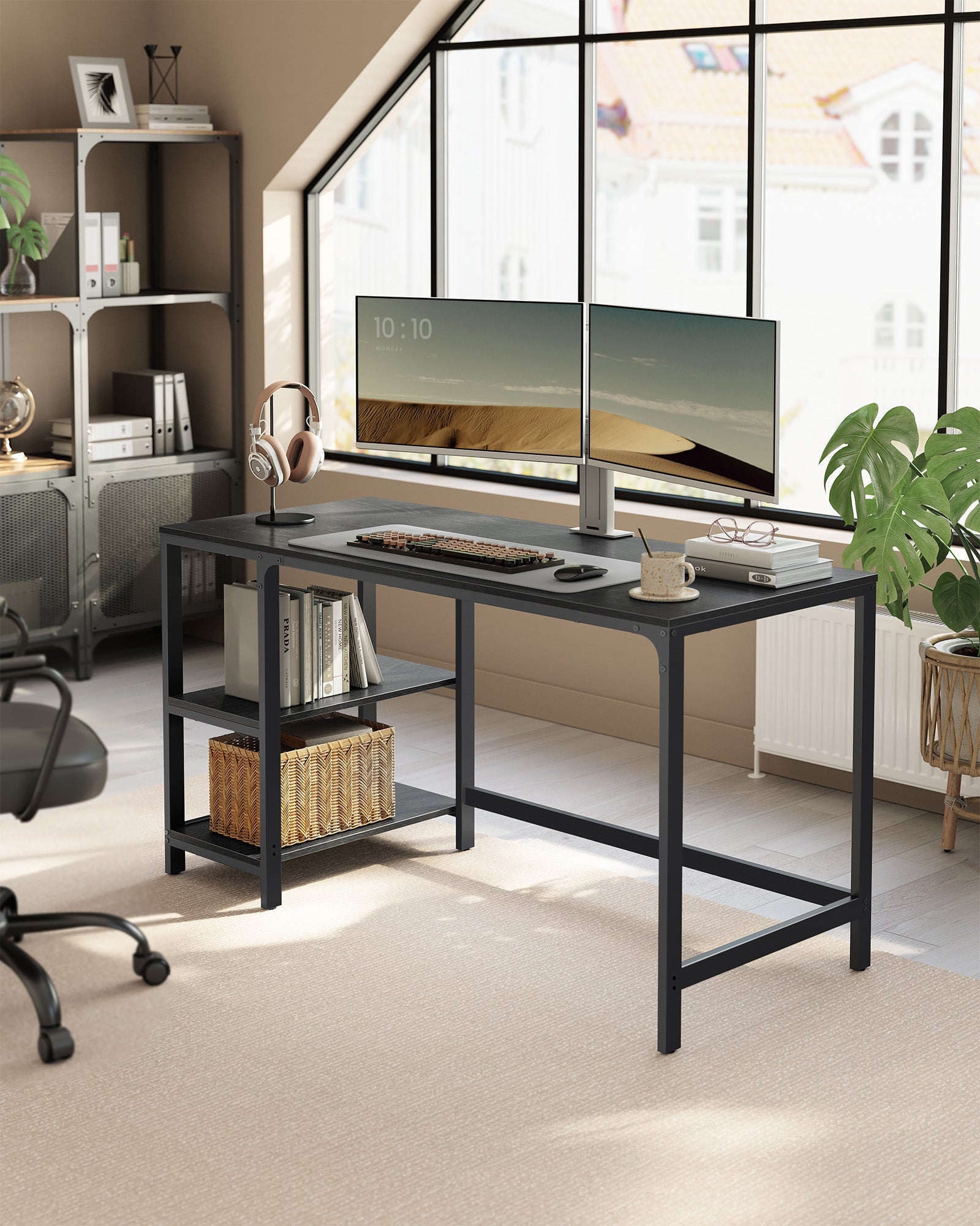 Computer Desk – Steel – Ebony Black – Modern Design with Dual Shelves