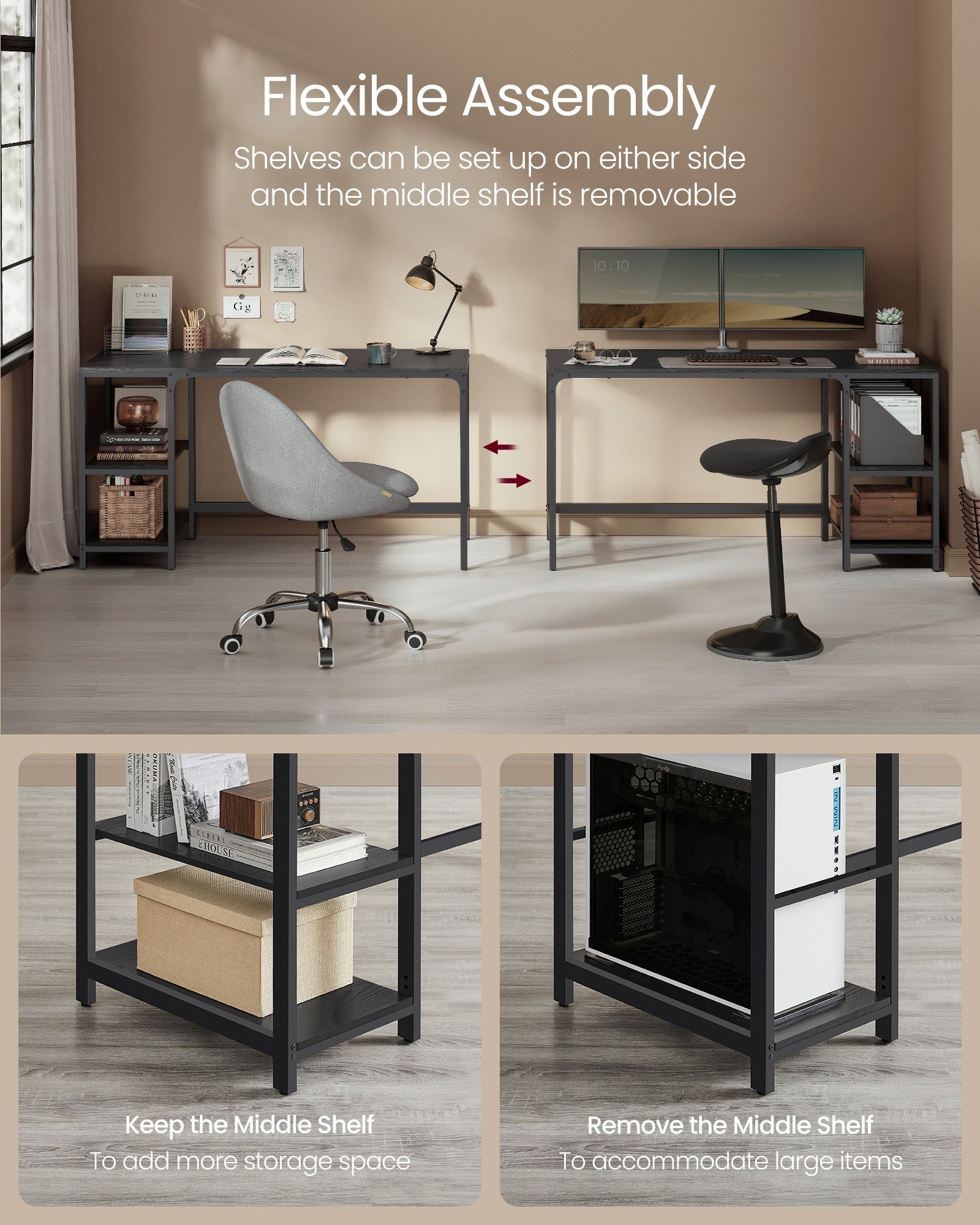 Computer Desk – Steel – Ebony Black – Modern Design with Dual Shelves
