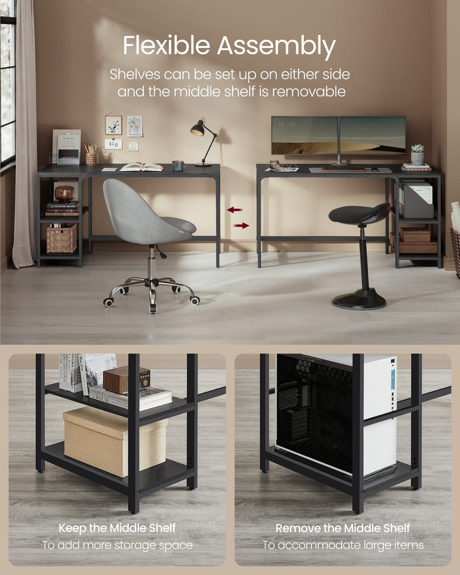 Computer Desk – Steel – Ebony Black – Modern Design with Dual Shelves