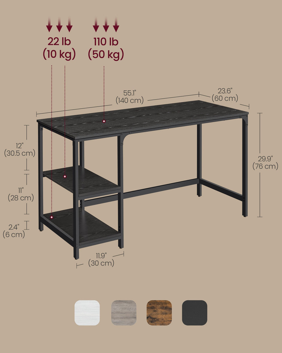 Computer Desk – Steel – Ebony Black – Modern Design with Dual Shelves