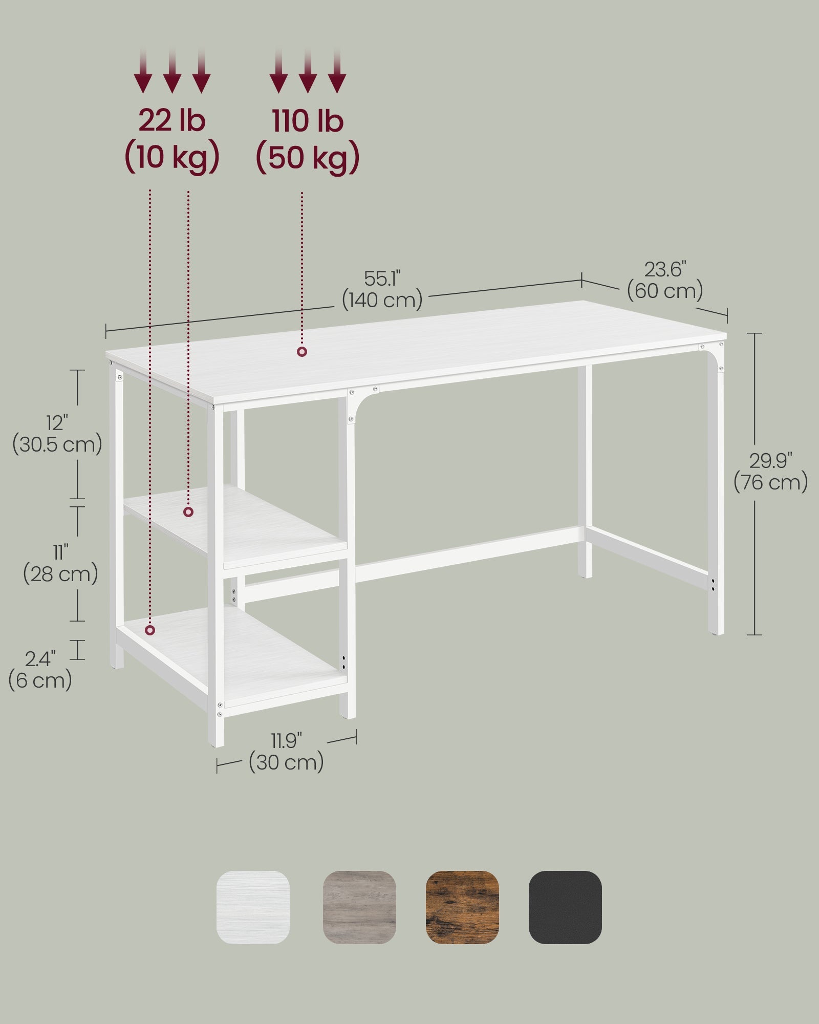 Computer Desk – Steel – Maple White – Modern Design with 2 Shelves