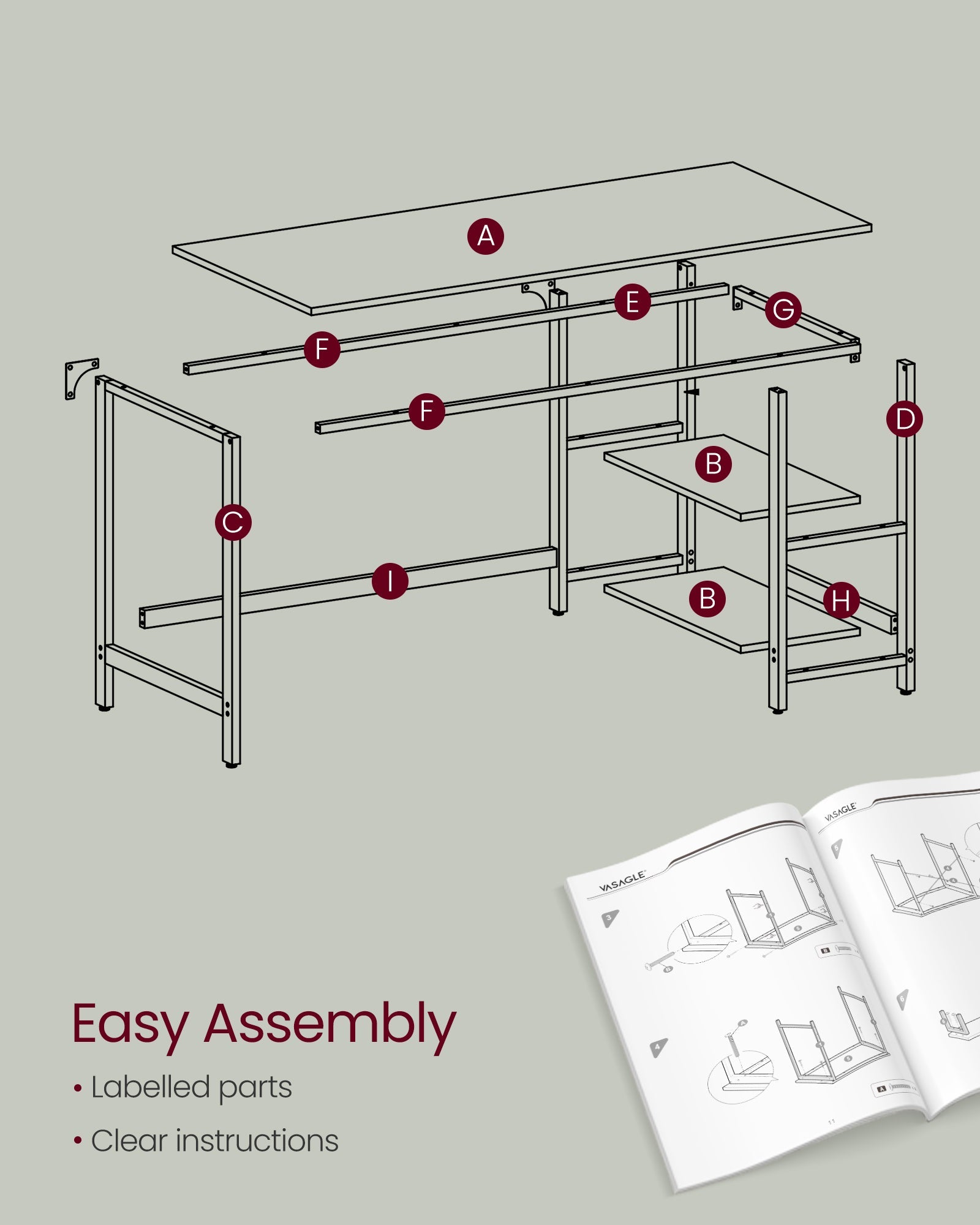 Computer Desk – Steel – Maple White – Modern Design with 2 Shelves