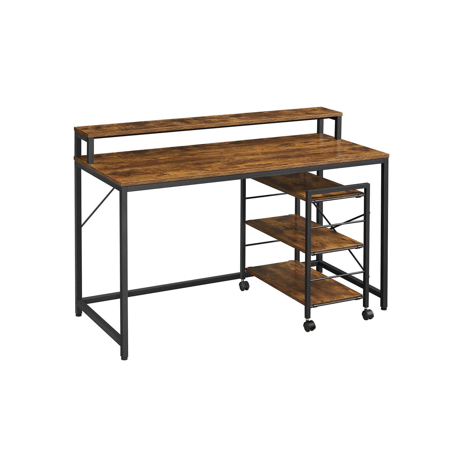 Writing Study Desk – Wood and Metal – Rustic Brown and Black – Monitor Stand and File Storage Shelves