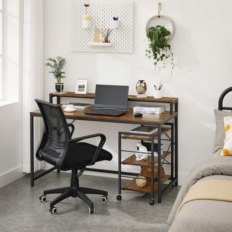 Writing Study Desk – Wood and Metal – Rustic Brown and Black – Monitor Stand and File Storage Shelves