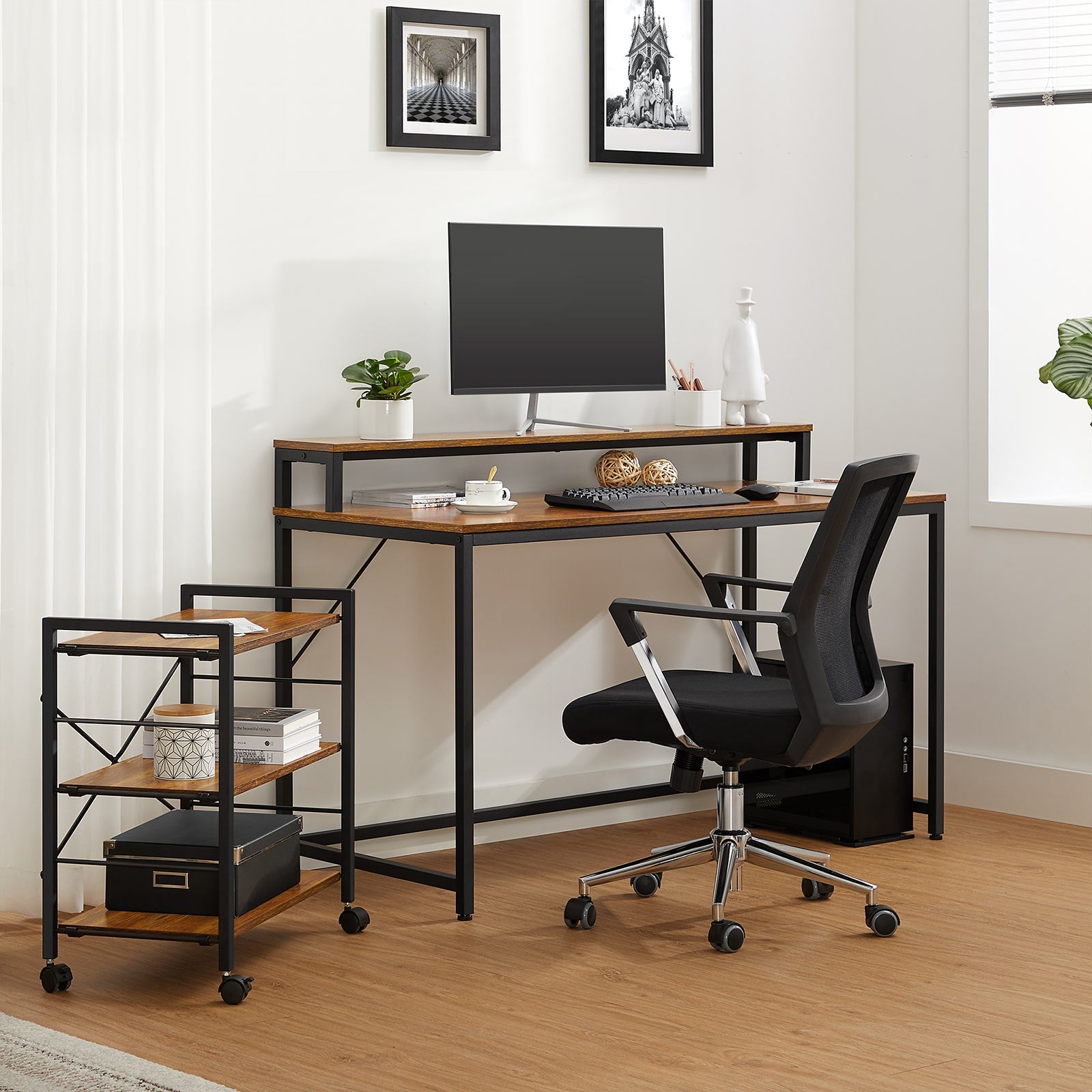 Writing Study Desk – Wood and Metal – Rustic Brown and Black – Monitor Stand and File Storage Shelves