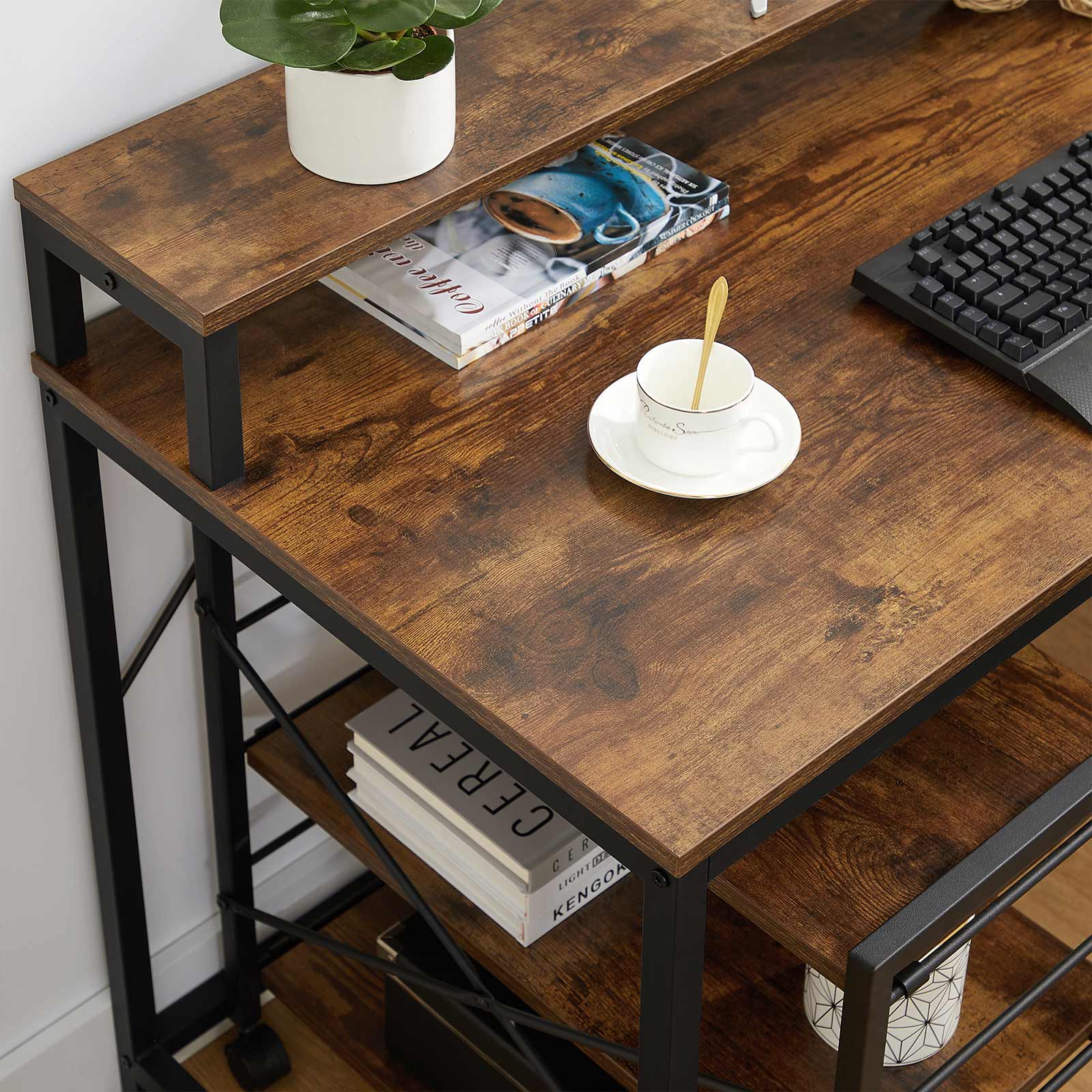 Writing Study Desk – Wood and Metal – Rustic Brown and Black – Monitor Stand and File Storage Shelves